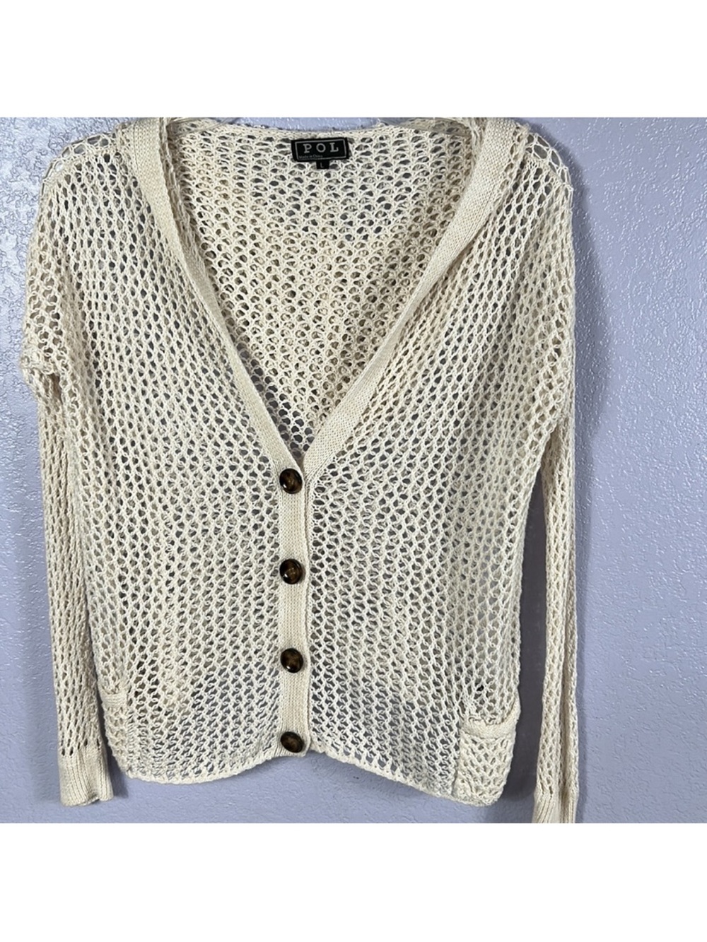 POL open knit crochet button front hooded cardigan sweater sz large